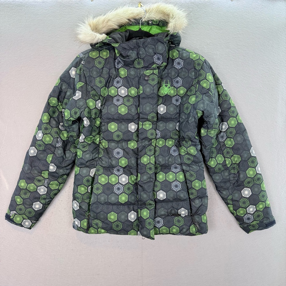 Spyder Women’s ski snow Coat Hooded faux fur trim full zip Jacket‎ Green grey XS